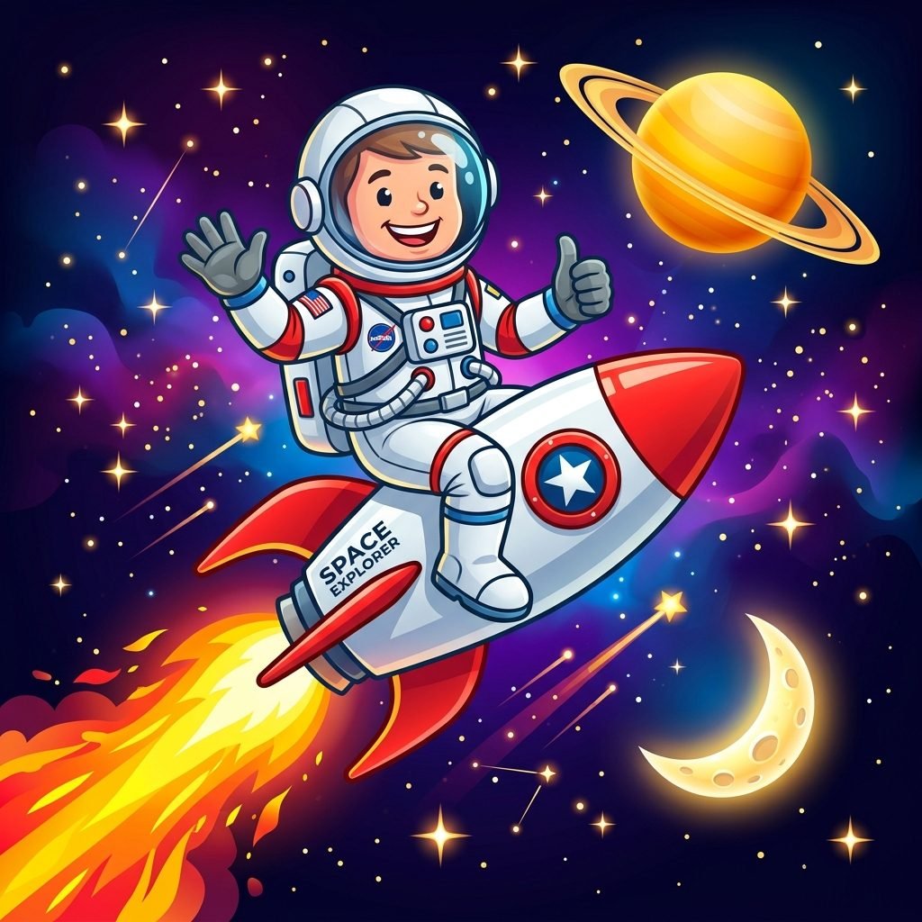 Astronaut Riding Rocket in Space with Saturn and Moon - Digital Daptos