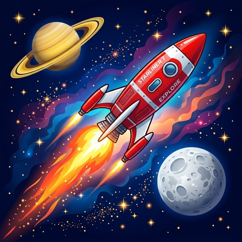 Space Rocket Blasting Off with Saturn Planet and Moon - Digital Daptos